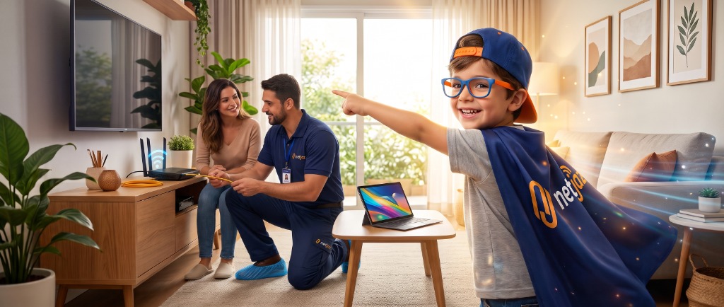 Técnico NetJaz instalando internet 100% fibra óptica com Wi-Fi para família no RN